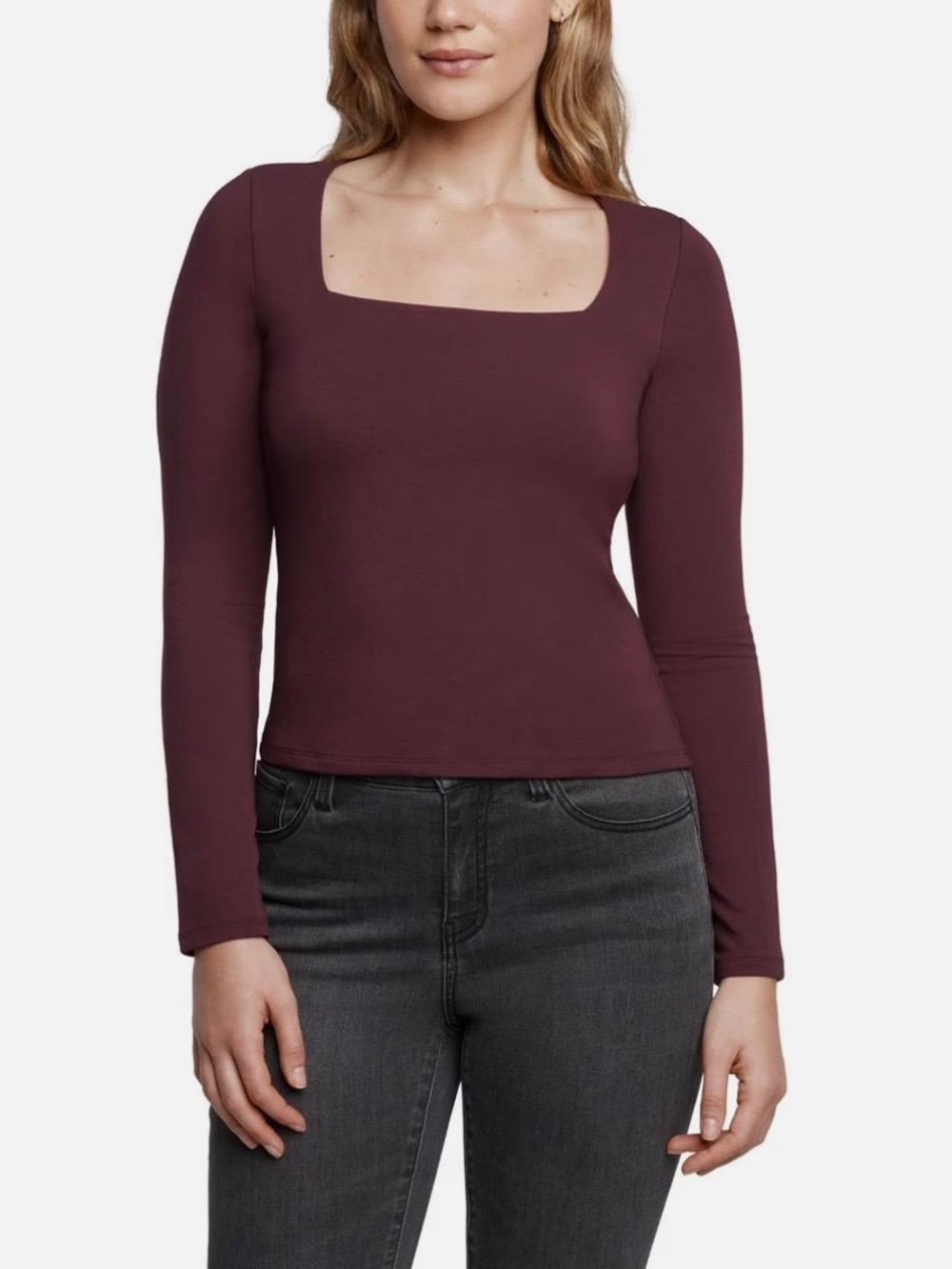 Express Square Neck Long Sleeve Top in Burgundy